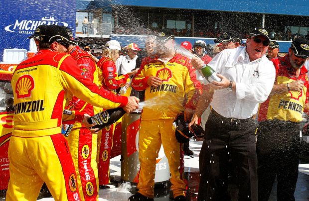 Kevin Harvick and team owner Richard Childress celebrate the win in Victory Lane at Michigan International Speedway. Credit: Jason Smith/Getty Images for NASCAR